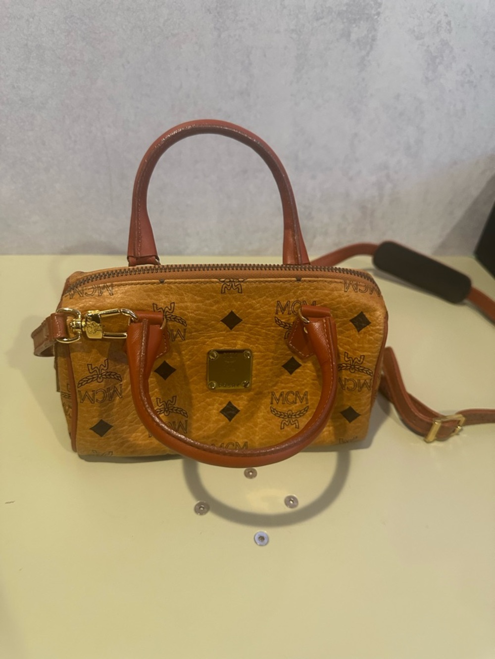 MCM Visetos Mini Satchel in Cognac with Brown Trim